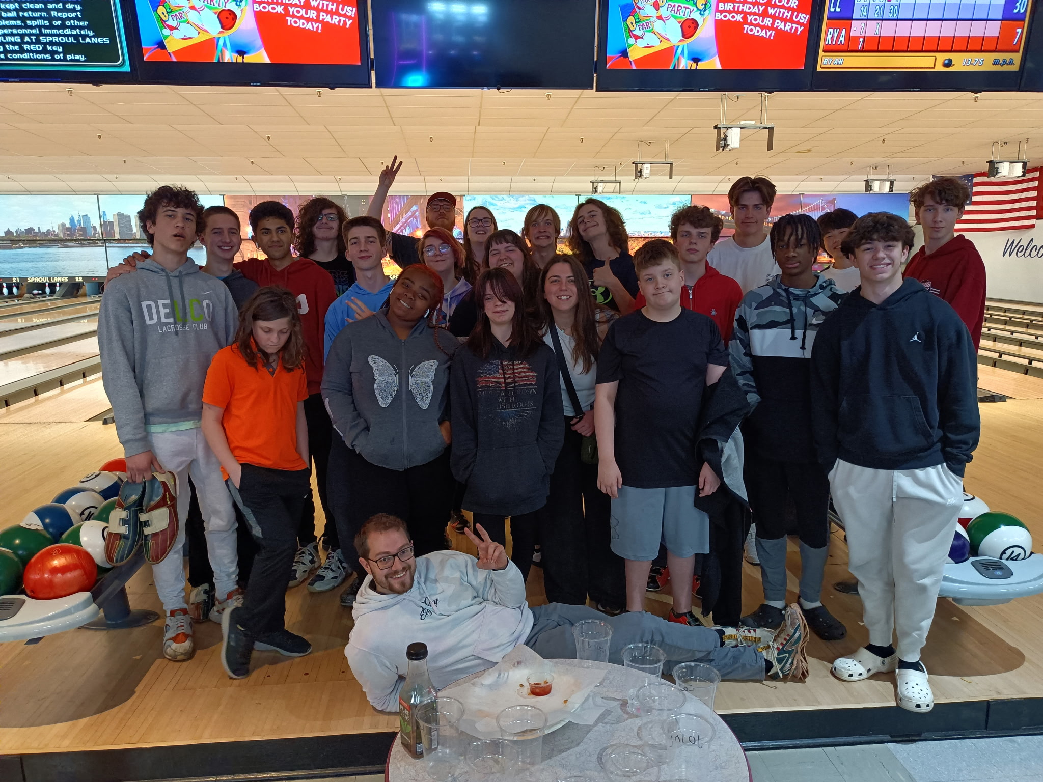Group photo at a bowling alley